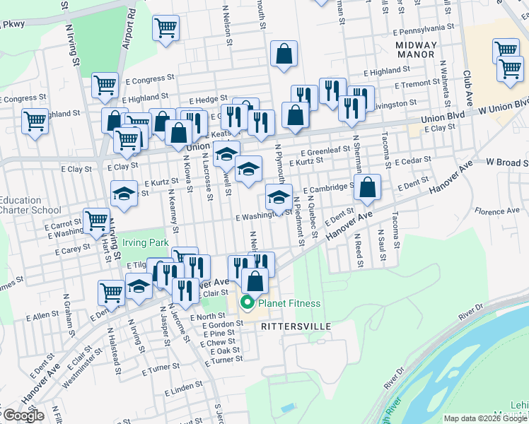 map of restaurants, bars, coffee shops, grocery stores, and more near 802 North Oswego Street in Allentown