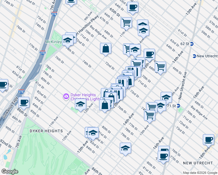 map of restaurants, bars, coffee shops, grocery stores, and more near 1207 75th Street in Brooklyn