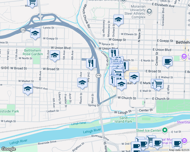map of restaurants, bars, coffee shops, grocery stores, and more near 527 1st Avenue in Bethlehem