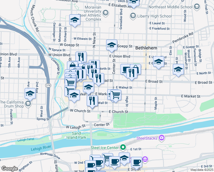 map of restaurants, bars, coffee shops, grocery stores, and more near 71 East Walnut Street in Bethlehem