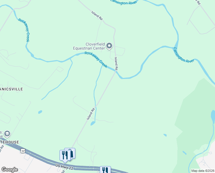 map of restaurants, bars, coffee shops, grocery stores, and more near 10 Island Road in Readington Township