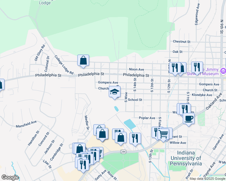 map of restaurants, bars, coffee shops, grocery stores, and more near 1508 Church Street in Indiana