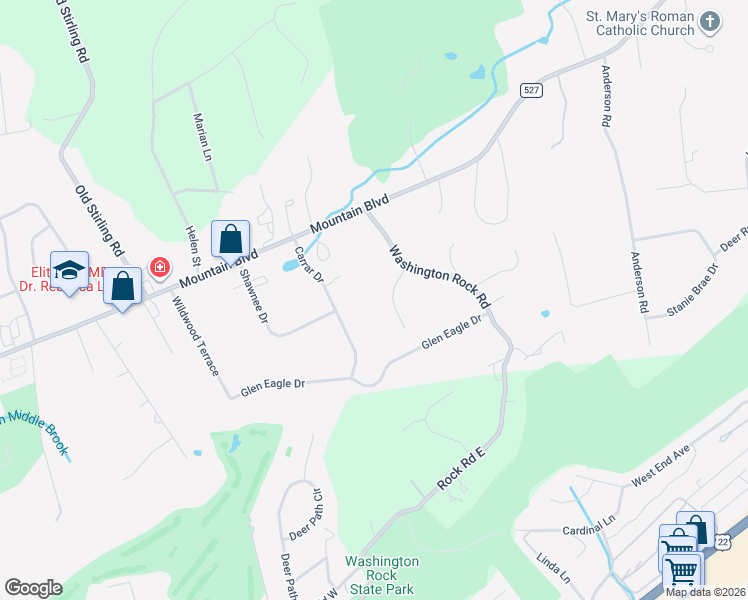 map of restaurants, bars, coffee shops, grocery stores, and more near 34 Robin Glen Road in Watchung