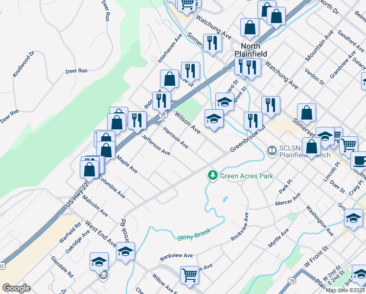 map of restaurants, bars, coffee shops, grocery stores, and more near 37 Harrison Avenue in North Plainfield