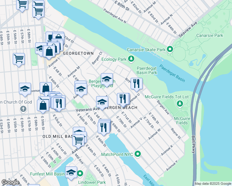 map of restaurants, bars, coffee shops, grocery stores, and more near 2009 East 72nd Street in Brooklyn