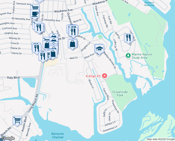 map of restaurants, bars, coffee shops, grocery stores, and more near 3683 Illona Lane in Oceanside