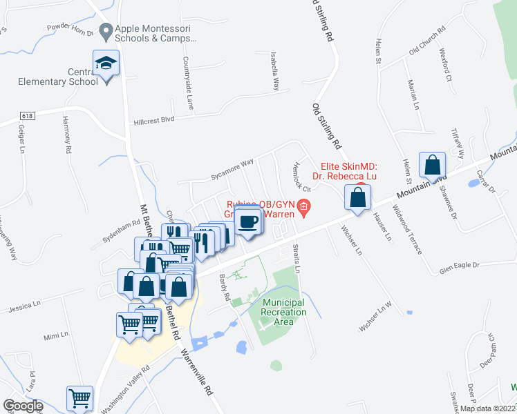 map of restaurants, bars, coffee shops, grocery stores, and more near 8 Primrose Way in Warren