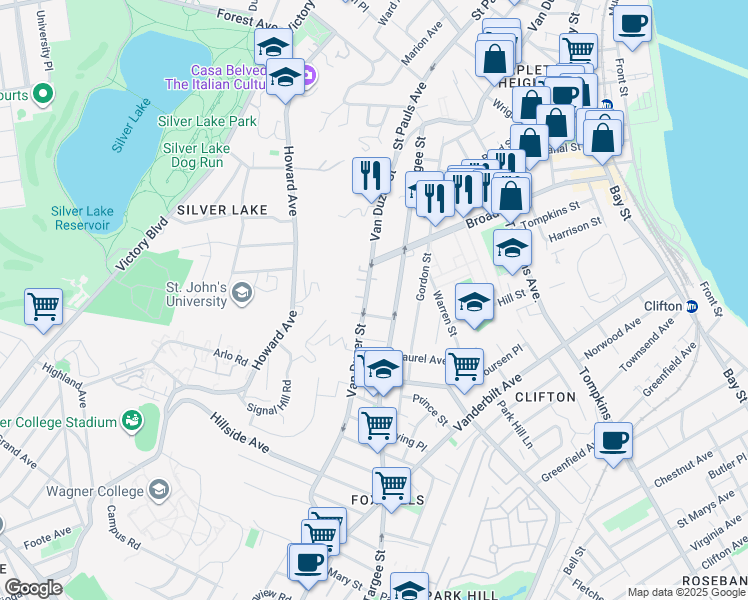 map of restaurants, bars, coffee shops, grocery stores, and more near 737 Van Duzer Street in Staten Island