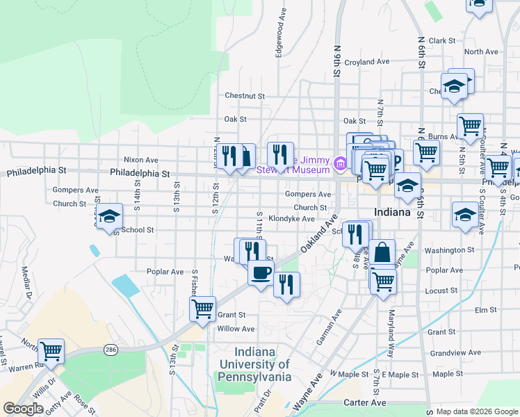 map of restaurants, bars, coffee shops, grocery stores, and more near 105 South 11th Street in Indiana