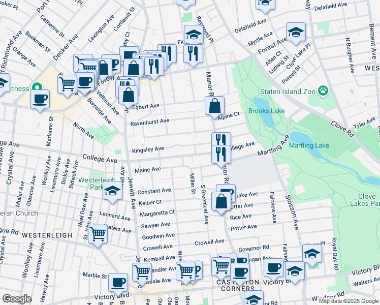map of restaurants, bars, coffee shops, grocery stores, and more near 195 College Avenue in Staten Island
