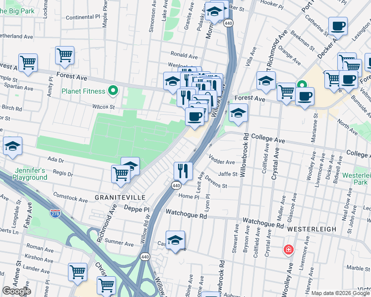 map of restaurants, bars, coffee shops, grocery stores, and more near 51 James Court in Staten Island