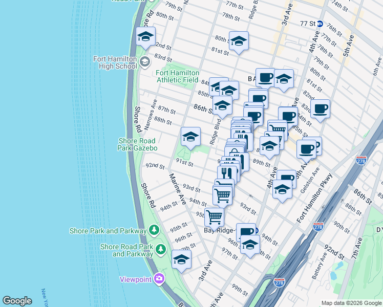 map of restaurants, bars, coffee shops, grocery stores, and more near 8902 Ridge Boulevard in Brooklyn