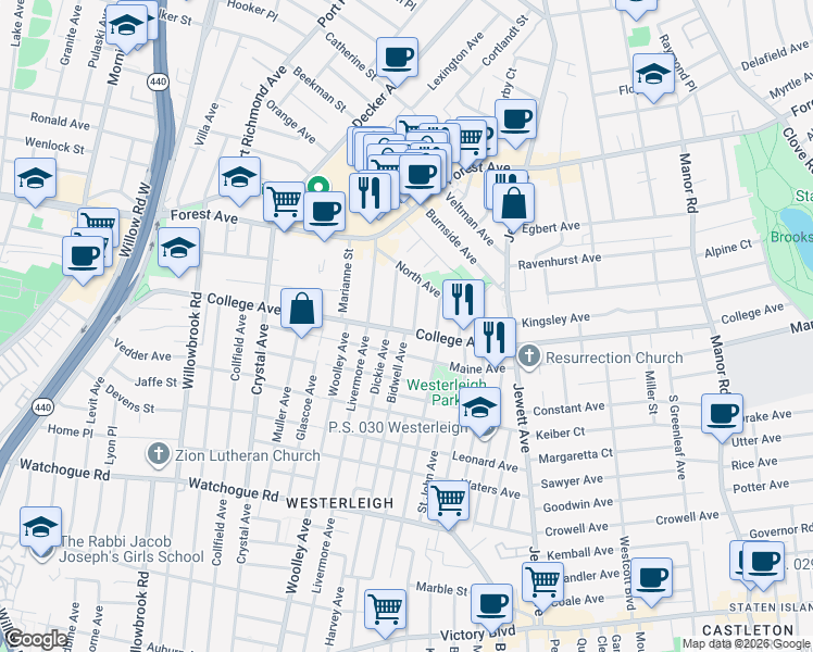 map of restaurants, bars, coffee shops, grocery stores, and more near 465 College Avenue in Staten Island