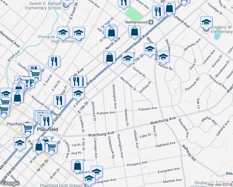 map of restaurants, bars, coffee shops, grocery stores, and more near 744-46 Webster Place in Plainfield