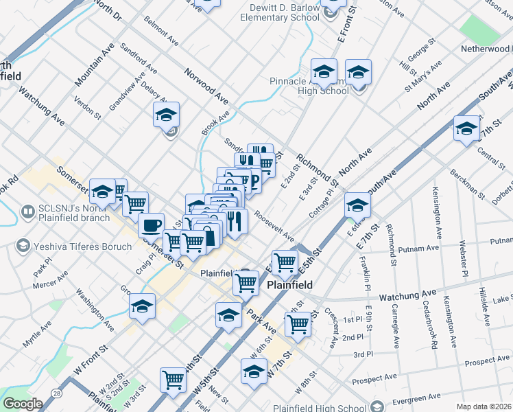map of restaurants, bars, coffee shops, grocery stores, and more near 127 Roosevelt Avenue in Plainfield