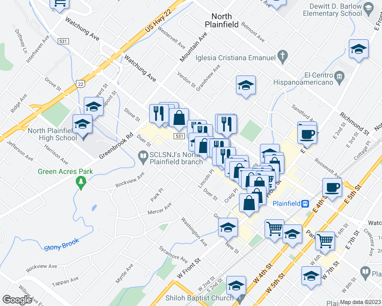 map of restaurants, bars, coffee shops, grocery stores, and more near 18 Park Place in North Plainfield