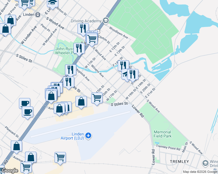 map of restaurants, bars, coffee shops, grocery stores, and more near 110 West 16th Street in Linden