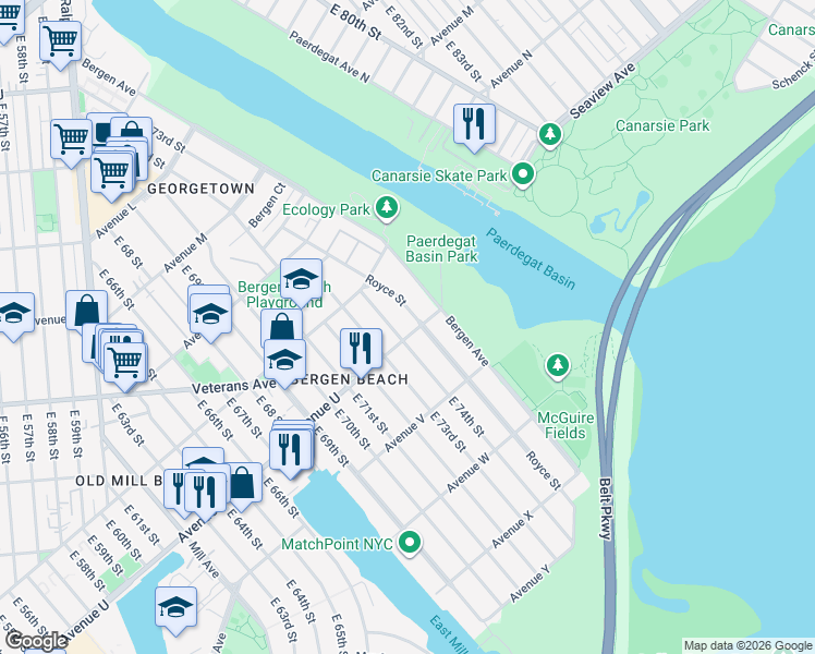 map of restaurants, bars, coffee shops, grocery stores, and more near 7415 Avenue U in Brooklyn