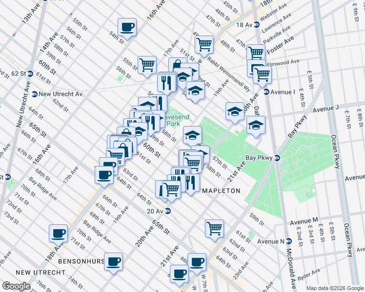 map of restaurants, bars, coffee shops, grocery stores, and more near 5800 20th Avenue in Brooklyn