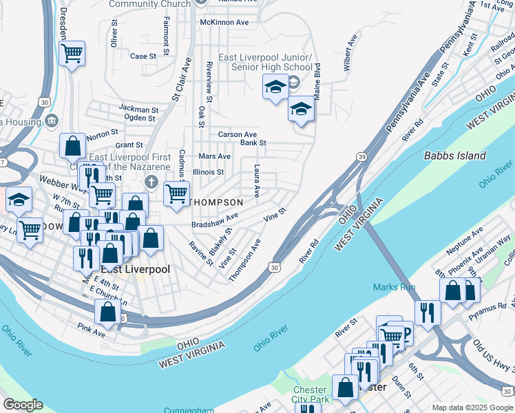 map of restaurants, bars, coffee shops, grocery stores, and more near 1000 Bradshaw Avenue in East Liverpool