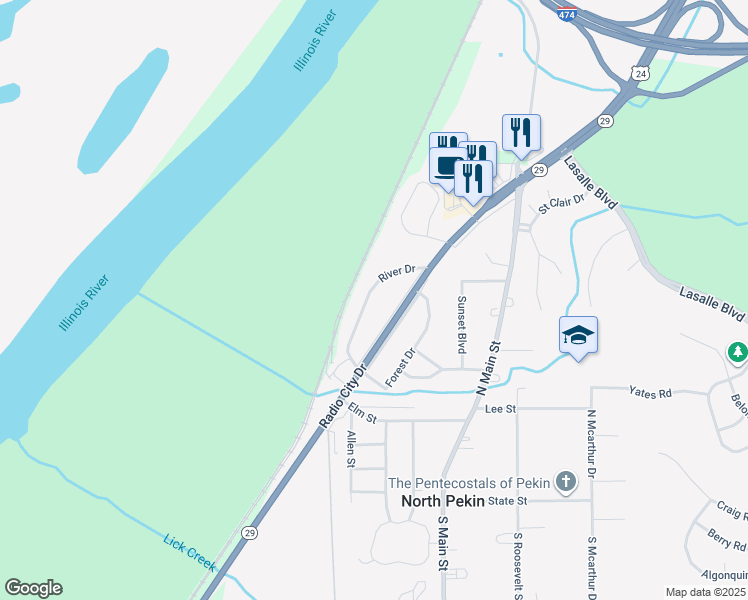 map of restaurants, bars, coffee shops, grocery stores, and more near 24 River Drive in North Pekin