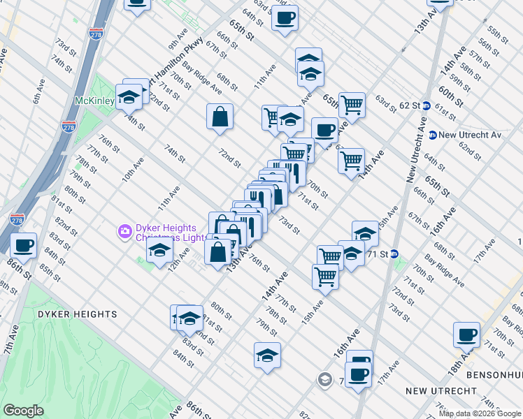 map of restaurants, bars, coffee shops, grocery stores, and more near 1268 73rd Street in Brooklyn