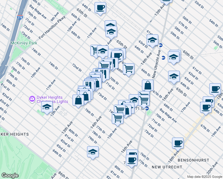 map of restaurants, bars, coffee shops, grocery stores, and more near 1350 71st Street in Brooklyn