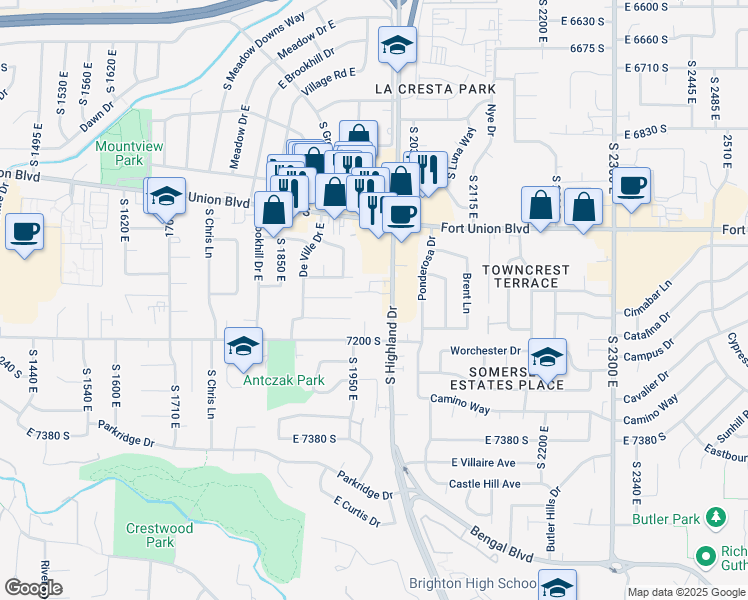 map of restaurants, bars, coffee shops, grocery stores, and more near 7138 South Highland Drive in Salt Lake City