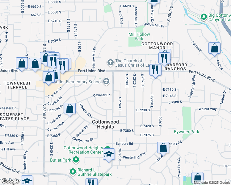 map of restaurants, bars, coffee shops, grocery stores, and more near 2712 East 7115 South in Cottonwood Heights