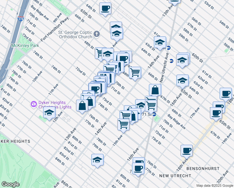 map of restaurants, bars, coffee shops, grocery stores, and more near 1350 71st Street in Brooklyn