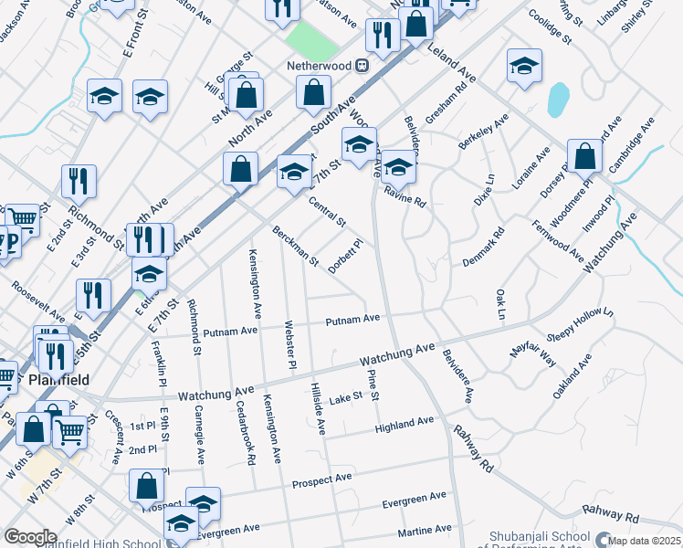 map of restaurants, bars, coffee shops, grocery stores, and more near 841 Berckman Street in Plainfield
