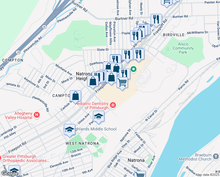 map of restaurants, bars, coffee shops, grocery stores, and more near 1623 Union Avenue in Natrona Heights