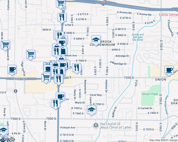 map of restaurants, bars, coffee shops, grocery stores, and more near 7134-7136 Terrell Circle in Midvale