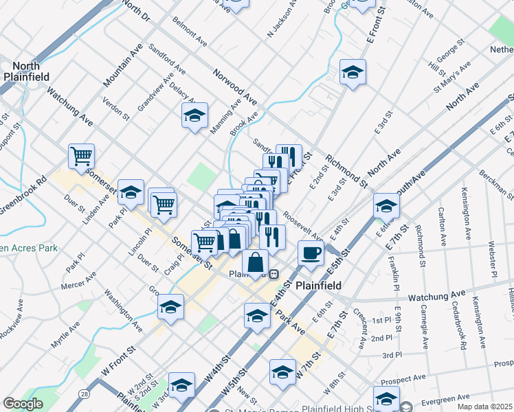 map of restaurants, bars, coffee shops, grocery stores, and more near in Plainfield