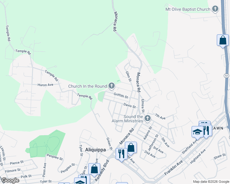 map of restaurants, bars, coffee shops, grocery stores, and more near 732 Griffith Street in Aliquippa