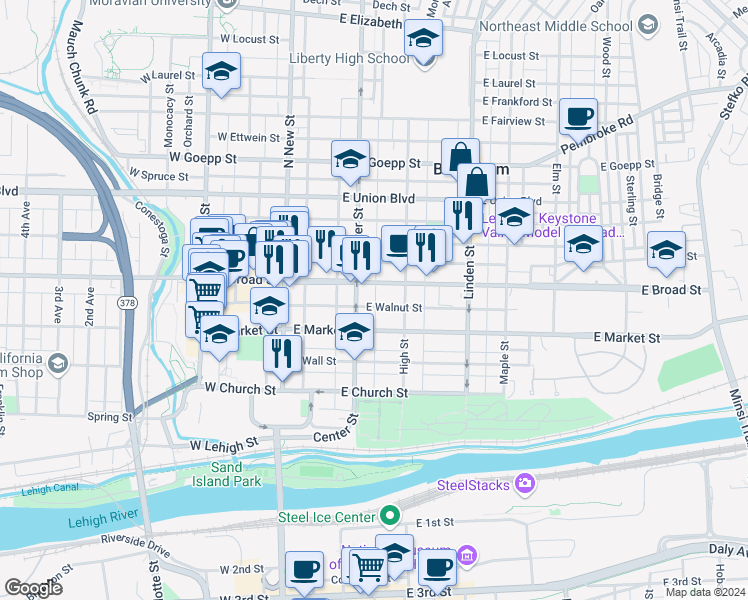 map of restaurants, bars, coffee shops, grocery stores, and more near 533 Pine Street in Bethlehem