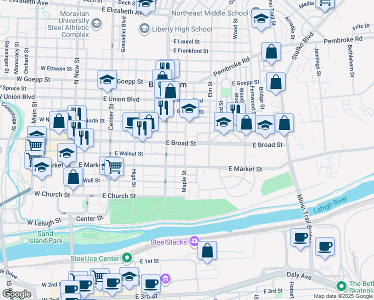 map of restaurants, bars, coffee shops, grocery stores, and more near 538 Maple Street in Bethlehem