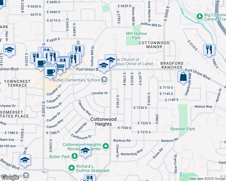 map of restaurants, bars, coffee shops, grocery stores, and more near 2712 East 7115 South in Cottonwood Heights