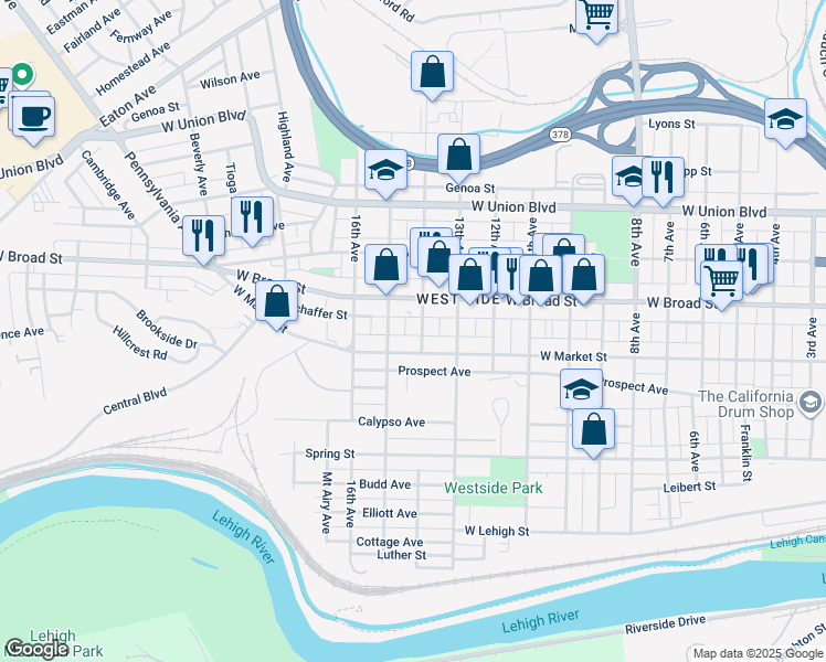 map of restaurants, bars, coffee shops, grocery stores, and more near 515 14th Avenue in Bethlehem