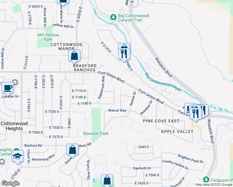 map of restaurants, bars, coffee shops, grocery stores, and more near 7123 Watermill Way in Cottonwood Heights