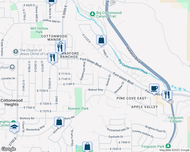 map of restaurants, bars, coffee shops, grocery stores, and more near 7123 Watermill Way in Cottonwood Heights