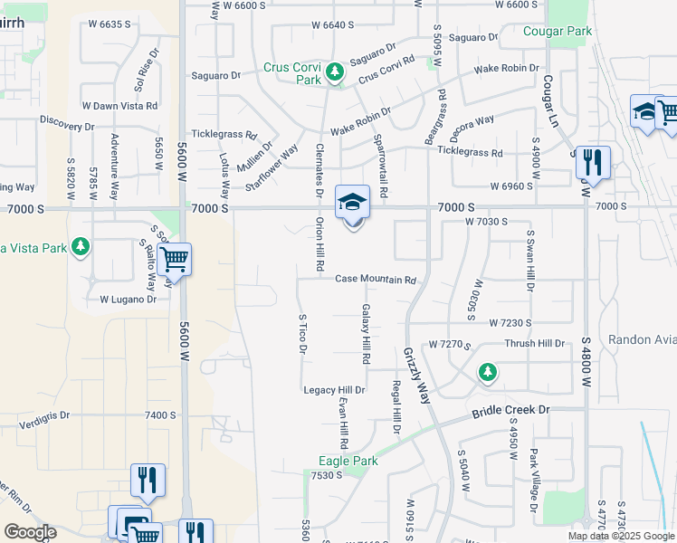 map of restaurants, bars, coffee shops, grocery stores, and more near 5288 Case Mountain Road in West Jordan