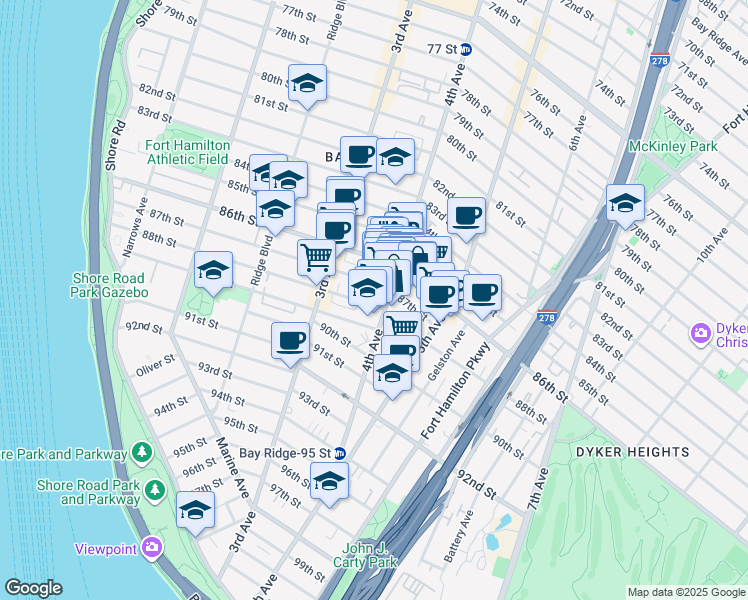map of restaurants, bars, coffee shops, grocery stores, and more near 365 88th Street in Brooklyn