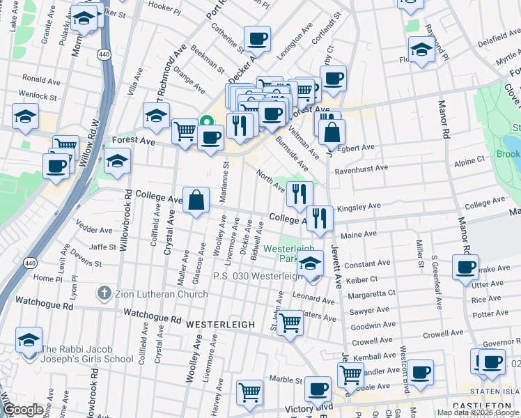 map of restaurants, bars, coffee shops, grocery stores, and more near 465 College Avenue in Staten Island