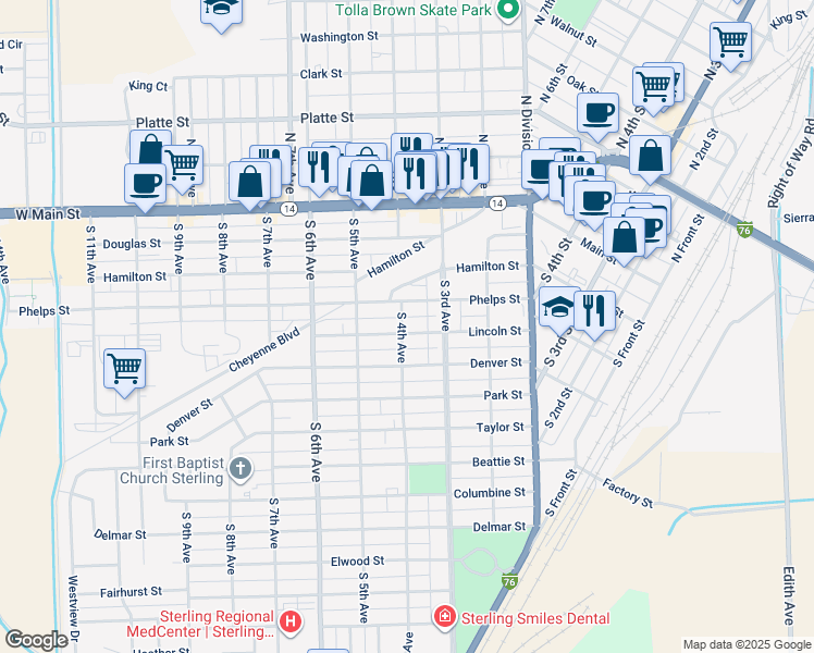 map of restaurants, bars, coffee shops, grocery stores, and more near 329 Lincoln Street in Sterling