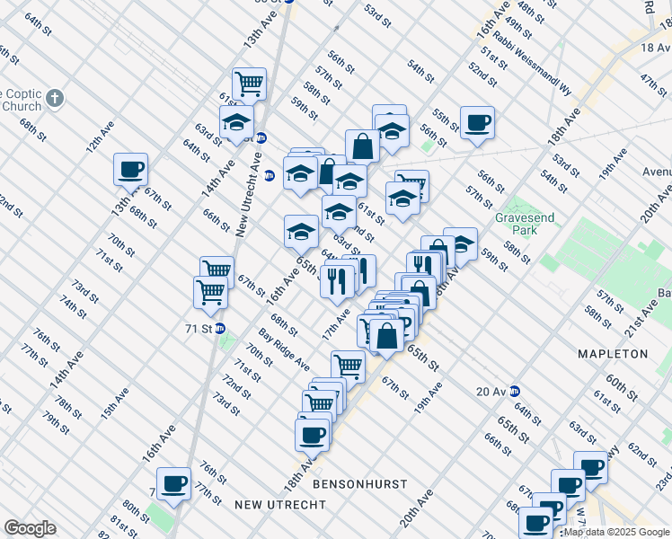 map of restaurants, bars, coffee shops, grocery stores, and more near 1647 65th Street in Brooklyn