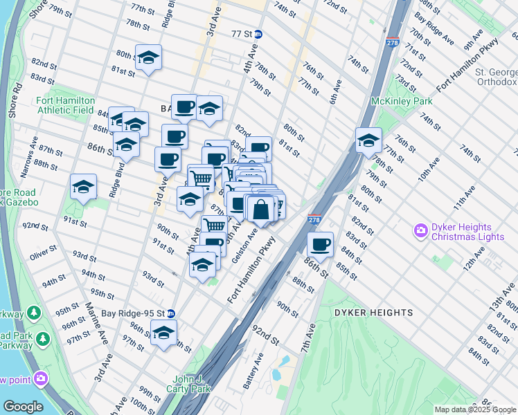map of restaurants, bars, coffee shops, grocery stores, and more near 559 86th Street in Brooklyn