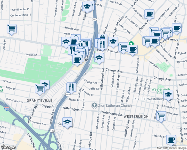 map of restaurants, bars, coffee shops, grocery stores, and more near 56 Willowbrook Court in Staten Island