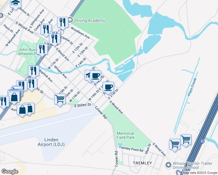 map of restaurants, bars, coffee shops, grocery stores, and more near 29 East 20th Street in Linden