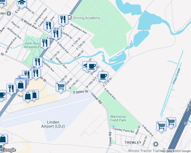 map of restaurants, bars, coffee shops, grocery stores, and more near 1837 South Wood Avenue in Linden